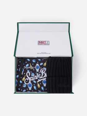 Ensemble Pochette avec imprimé huîtres et montres et bonnet noir 