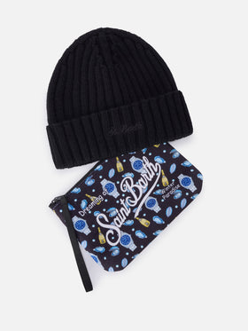 Ensemble Pochette avec imprimé huîtres et montres et bonnet noir 