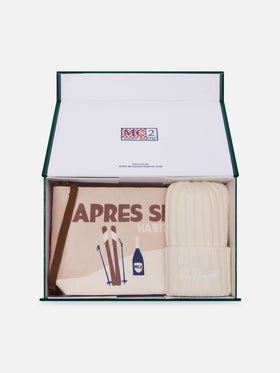 Pochette with Après Ski print and beige beanie set