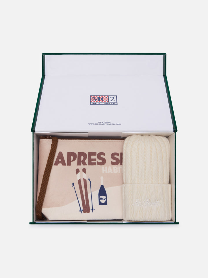 Ensemble Pochette avec imprimé Après Ski et bonnet beige 