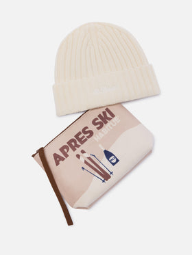 Pochette with Après Ski print and beige beanie set