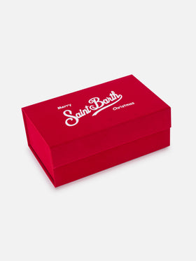 Set pochette con ricamo Merry Christmas e berretto rosso