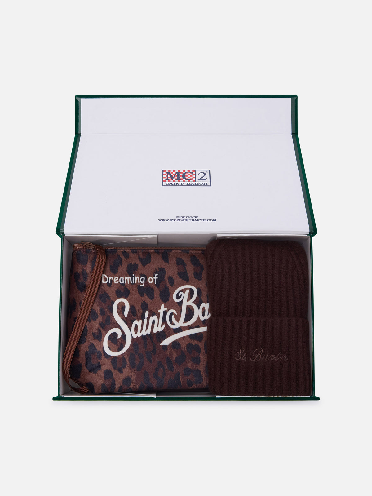 Pochette with leopard print and brown beanie set