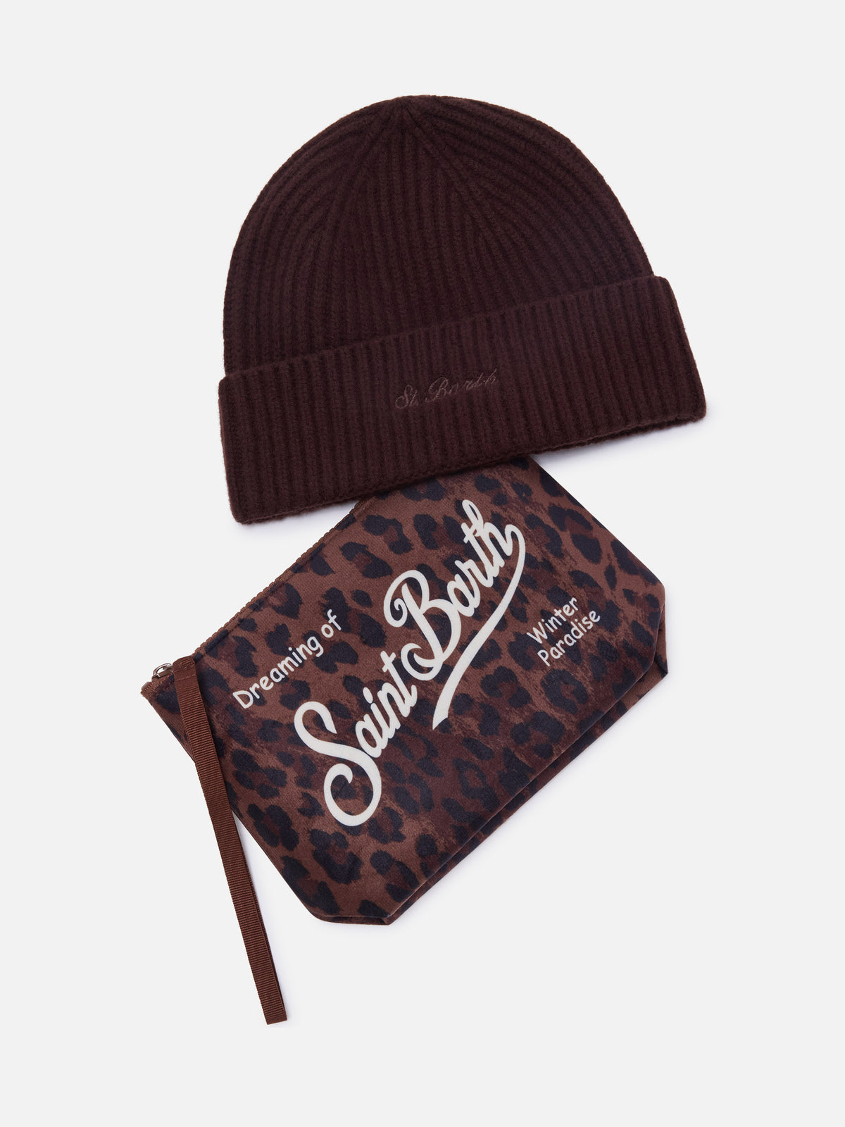 Pochette with leopard print and brown beanie set