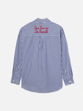 Brigitte shirt with blue stripes and See You In Saint Barth embroidery
