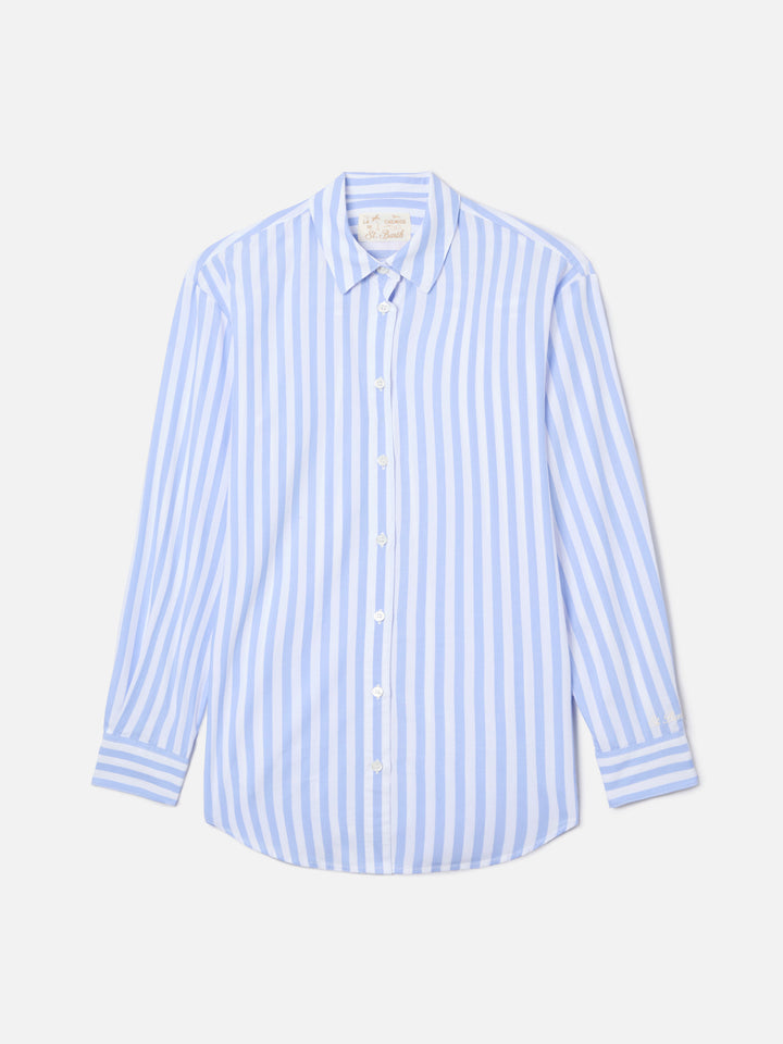 Camicia Brigitte in cotone a righe azzurre con ricamo Bollicine Please!