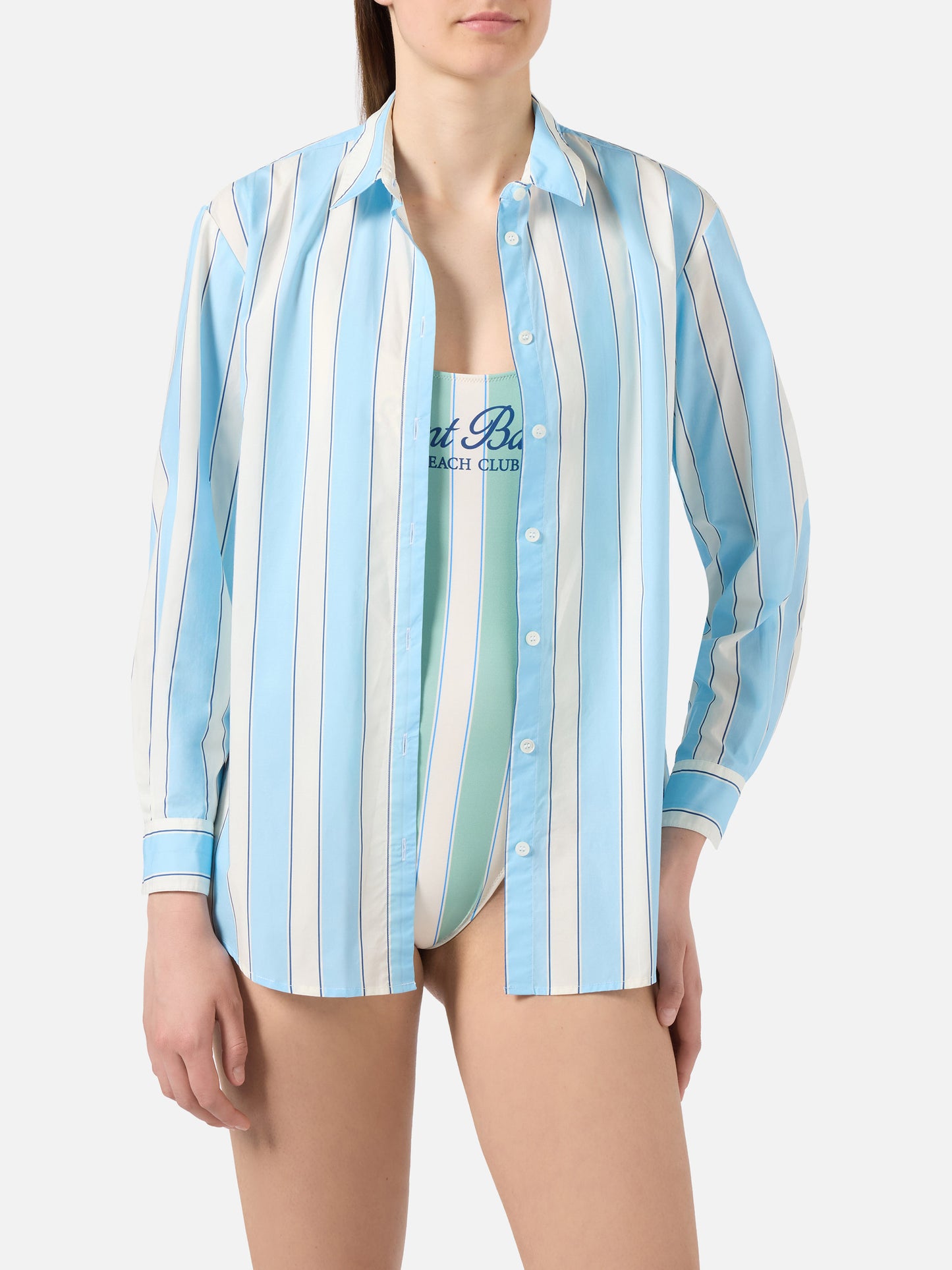 Camicia Brigitte in cotone a righe azzurre con ricamo Sport Club
