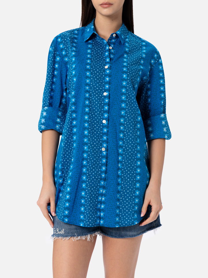 Woman cotton shirt Brigitte with indigo flower print - MC2 Saint Barth