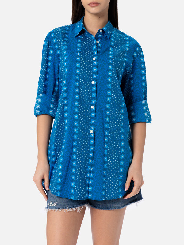 Woman cotton shirt Brigitte with indigo flower print