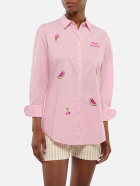 Brigitte striped-print cotton shirt with Miami habituè embroidery