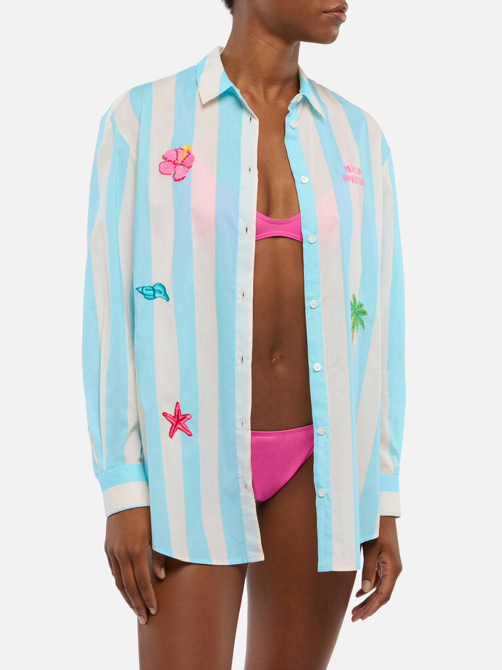 Brigitte camicia in cotone a righe con ricamo Ibiza