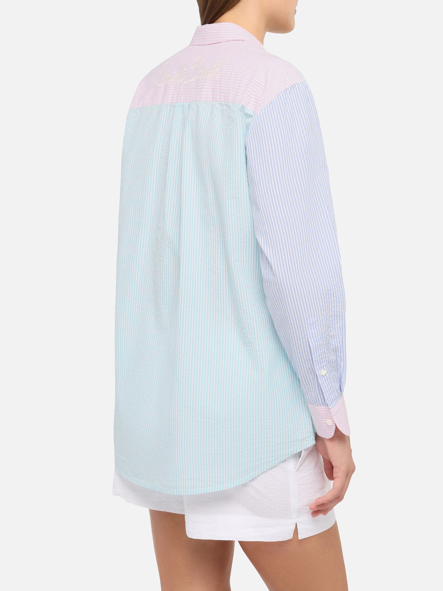 Brigitte striped-print seersucker shirt with Saint Barth embroidery