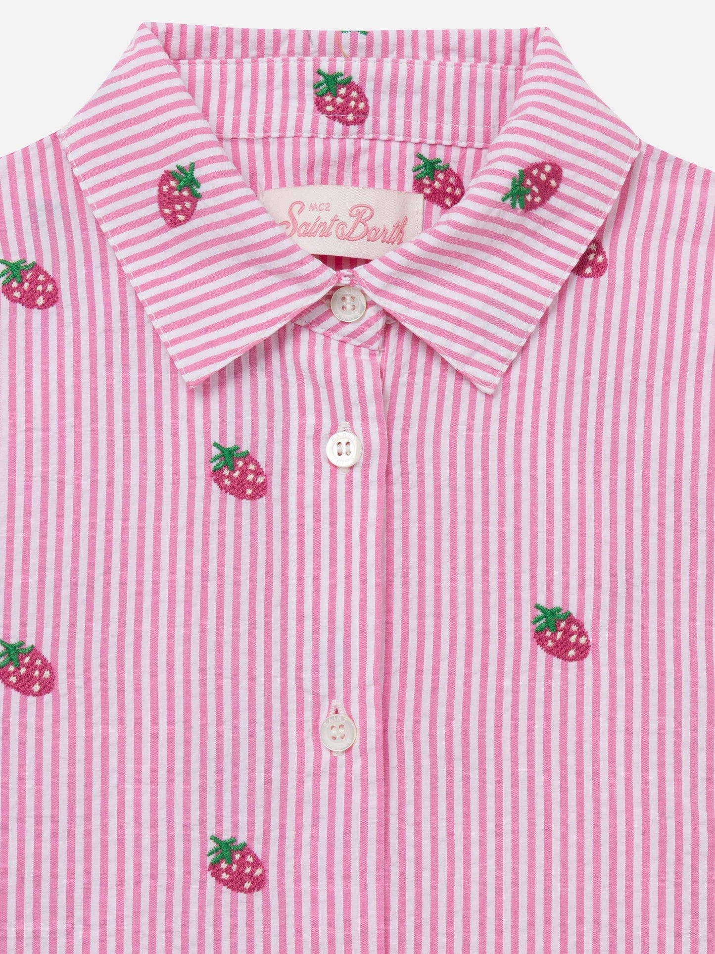 Mini Brigitte pink striped seersucker shirt with strawberry embroidery - MC2 Saint Barth