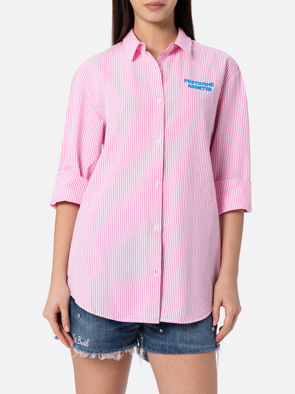 Woman striped seeruscker cotton over shirt Brigitte with front and back Portofino embroidery