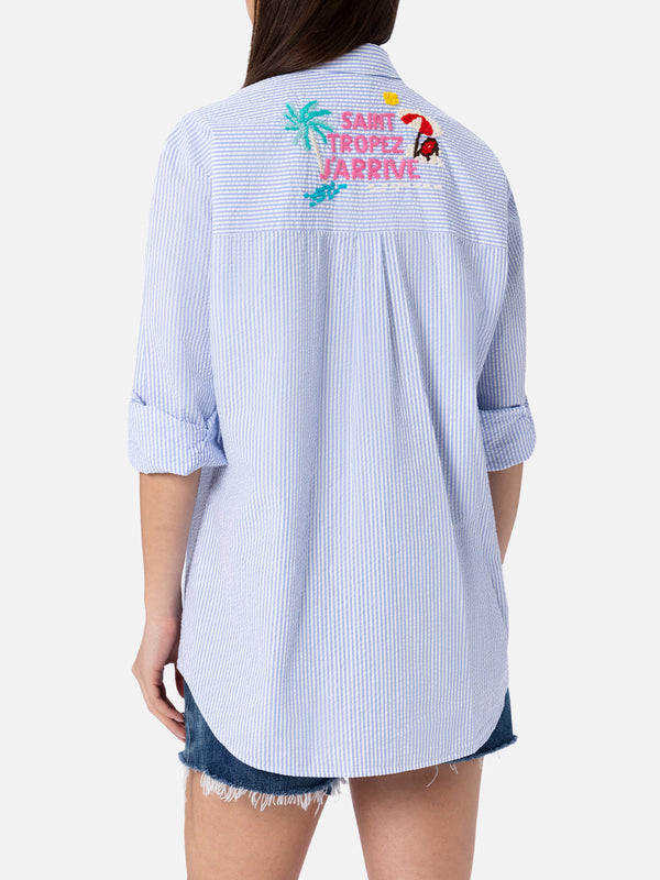 Woman striped print cotton over shirt Brigitte with front and back St. Tropez embroidery