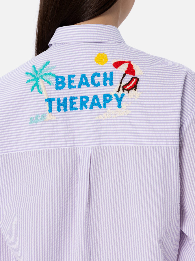 Mc2 Saint Barth Woman striped print cotton over shirt Brigitte with front and back Beach Therapy embroidery