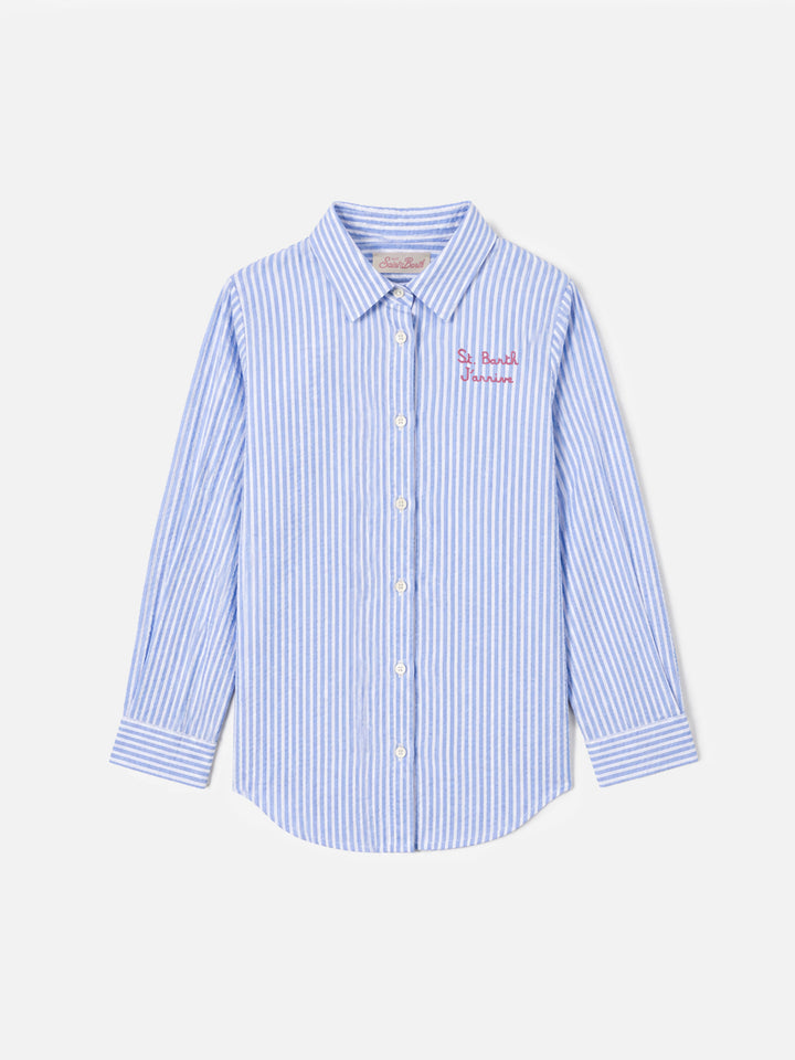 Camicia Mini Brigitte in seersucker a righe azzurre con stampa Snoopy | SNOOPY PEANUTS® SPECIAL EDITION