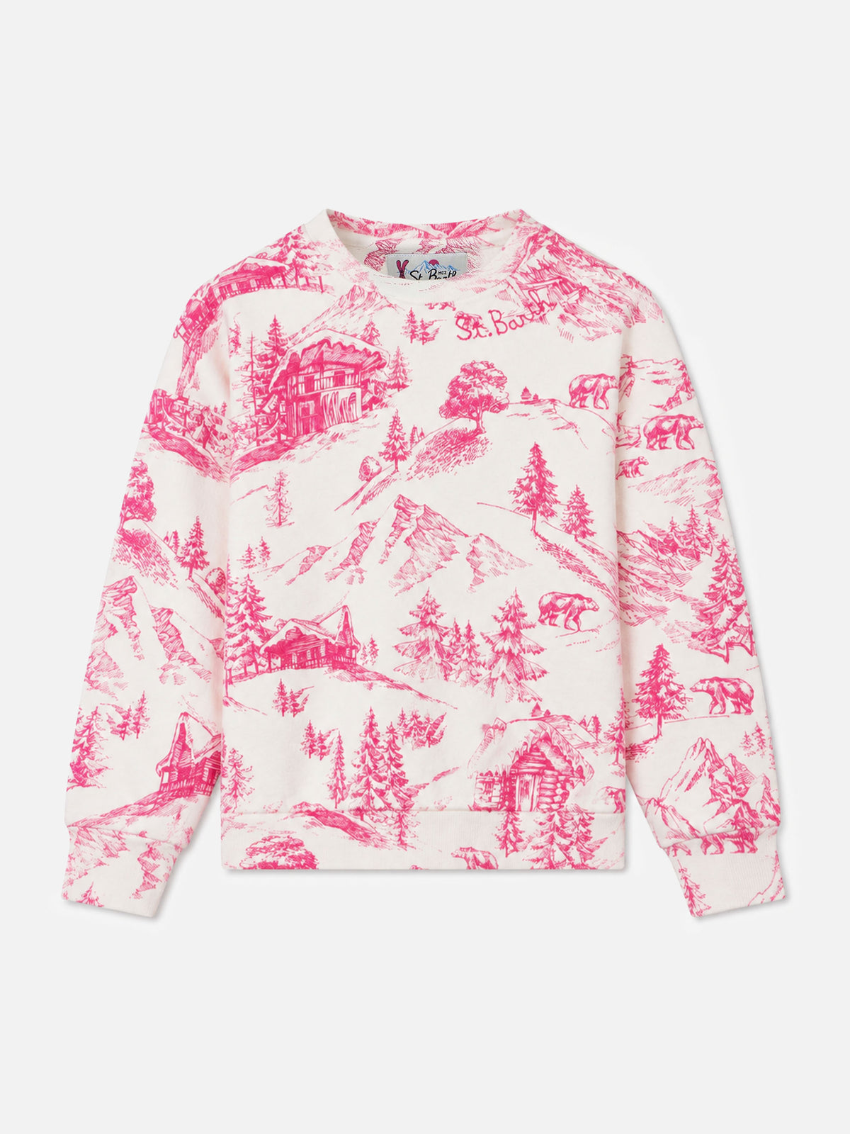 Mädchen-Sweatshirt mit Rundhalsausschnitt und Toile-de-Jouy-Print 
