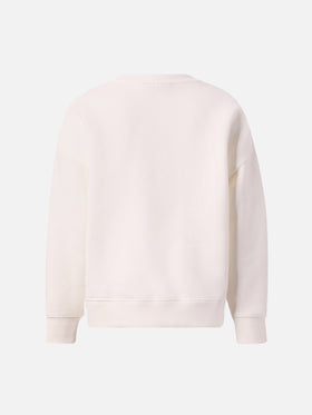 Briony-Sweatshirt mit Rundhalsausschnitt aus weißem Frottee mit Leopardenmuster.