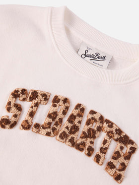 Briony-Sweatshirt mit Rundhalsausschnitt aus weißem Frottee mit Leopardenmuster.