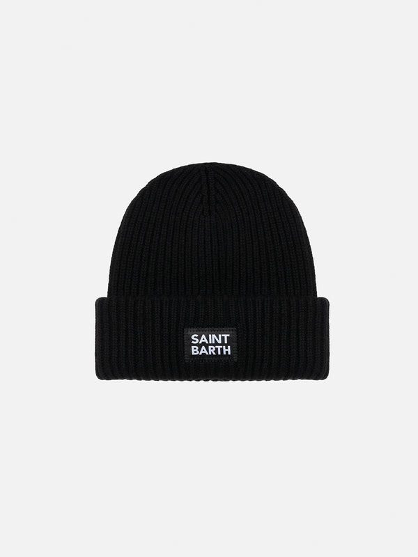 Schwarze gerippte Beanie-Mütze für Kinder, Beere, mit Saint Barth-Patch