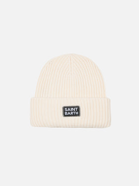 White Berry ribbed knit beanie for kid with Saint Barth patch - MC2 Saint Barth