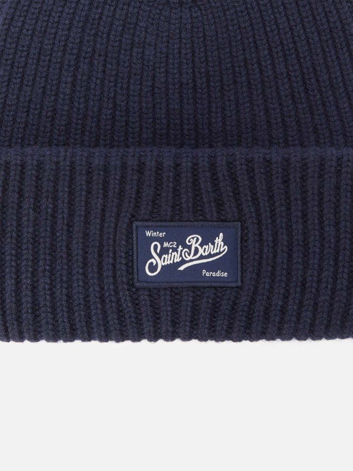Ribbed beanie Berry in navy blue with Saint Barth patch