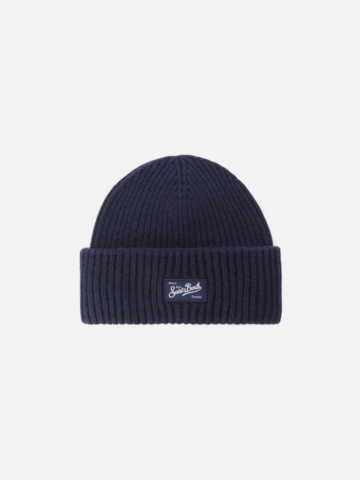 Ribbed beanie Berry in navy blue with Saint Barth patch