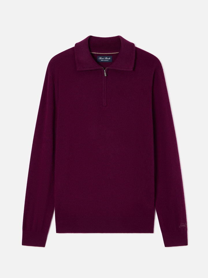 Jersey de cachemir Burgundy Buck con media cremallera 