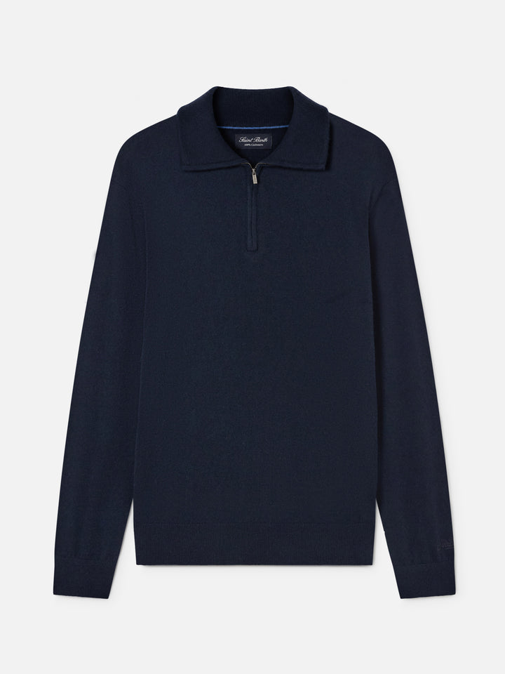 Marineblauer blue Buck Kaschmir-Strickpullover mit Half-Zip 