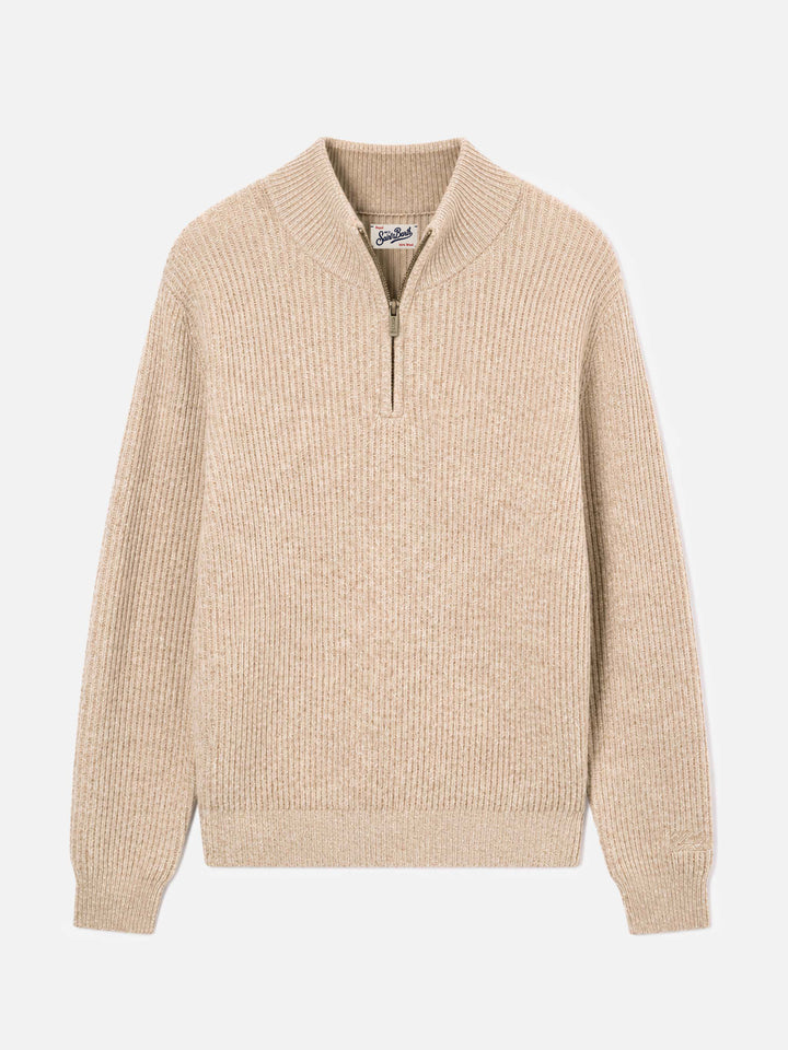 Maglia mezza zip in lana mouliné Buck beige