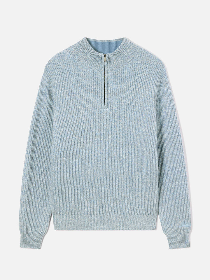Jersey de punto de media cremallera de lana Buck Light blue con canalé mouliné 