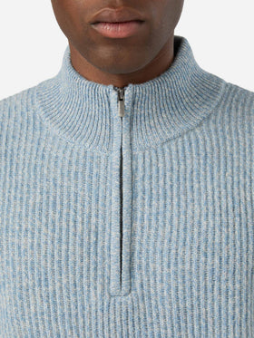 Leichter blue Buck Wollstrick mit halbem Reißverschluss und Mouliné-Rippe 
