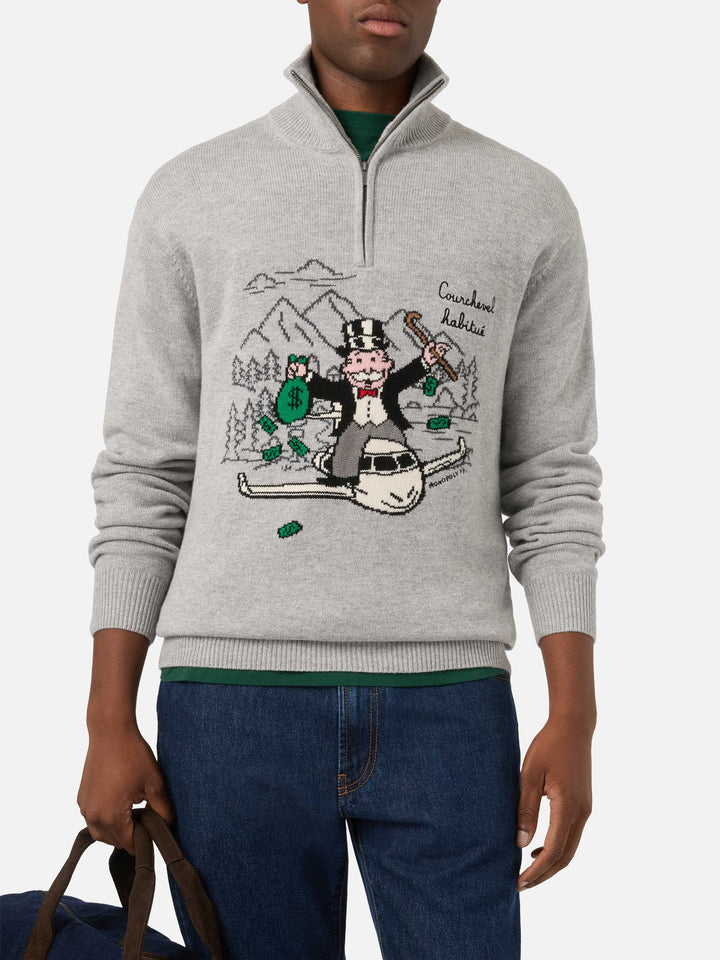 Maglia mezza zip grigia Buck con intarsio e ricamo Monopoly | Special edition