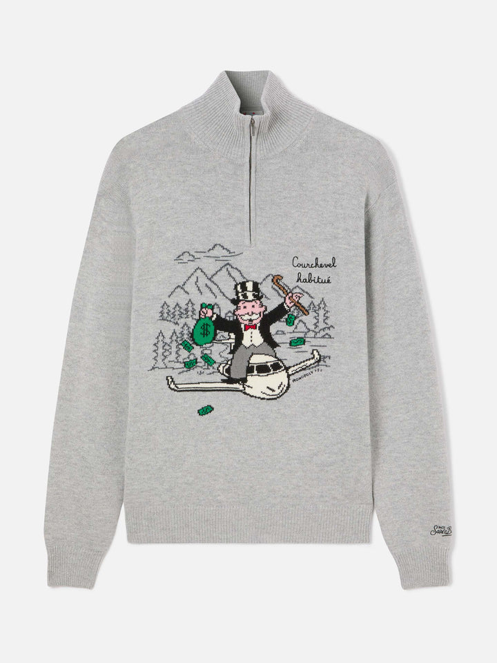 Maglia mezza zip grigia Buck con intarsio e ricamo Monopoly | Special edition