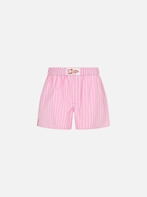 Mädchen-Baumwollshorts Boxy Jr mit rosa Streifendruck