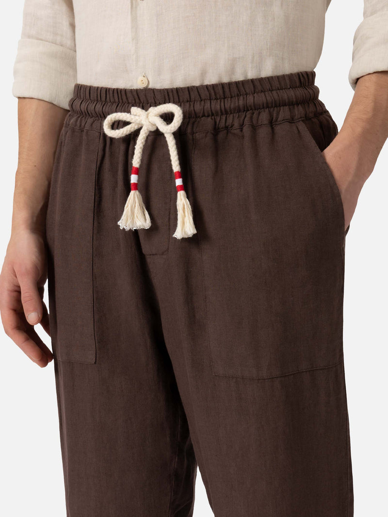 Pantaloni in lino marroni Calais con coulisse