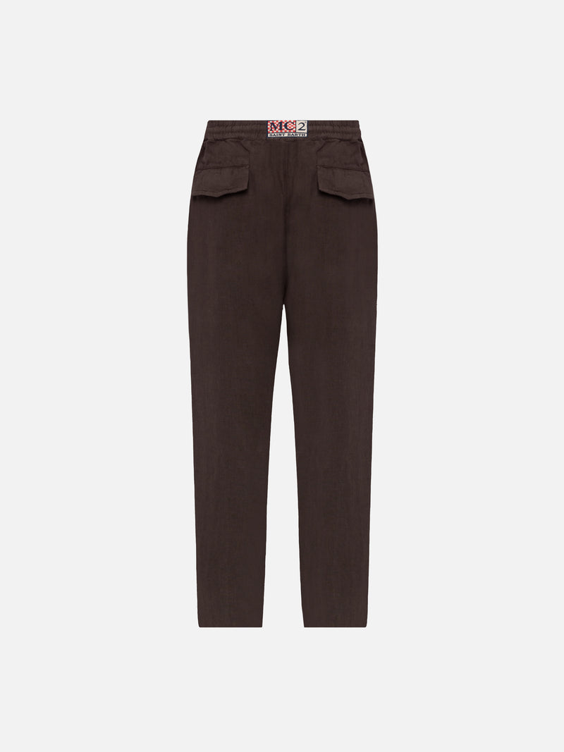 Pantaloni in lino marroni Calais con coulisse