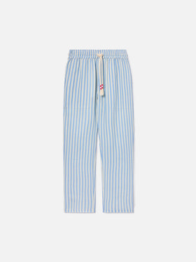 Pantalone Calais lungo in puro lino a righe panna e azzurro