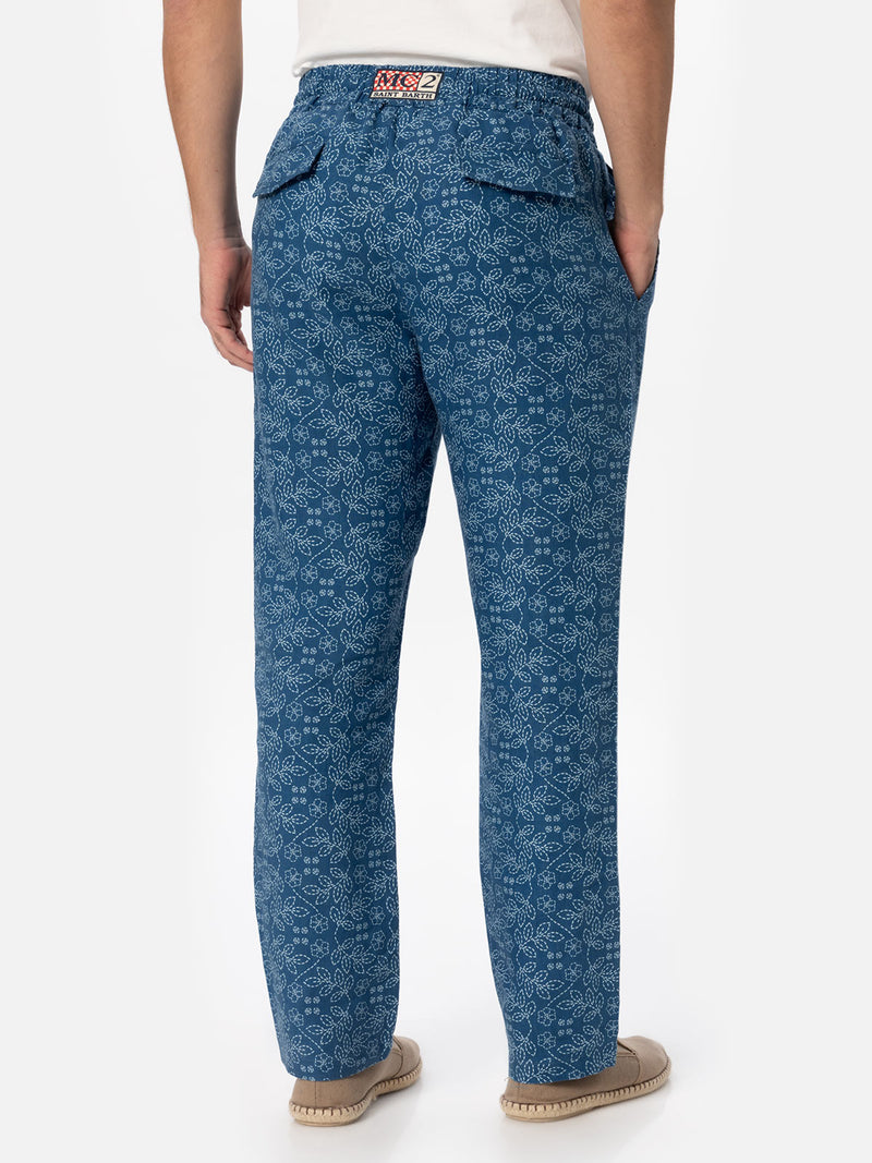 Man printed linen Calais pants with drawstring