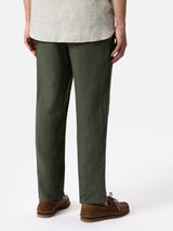 Pantaloni in lino verde militare Calais con coulisse