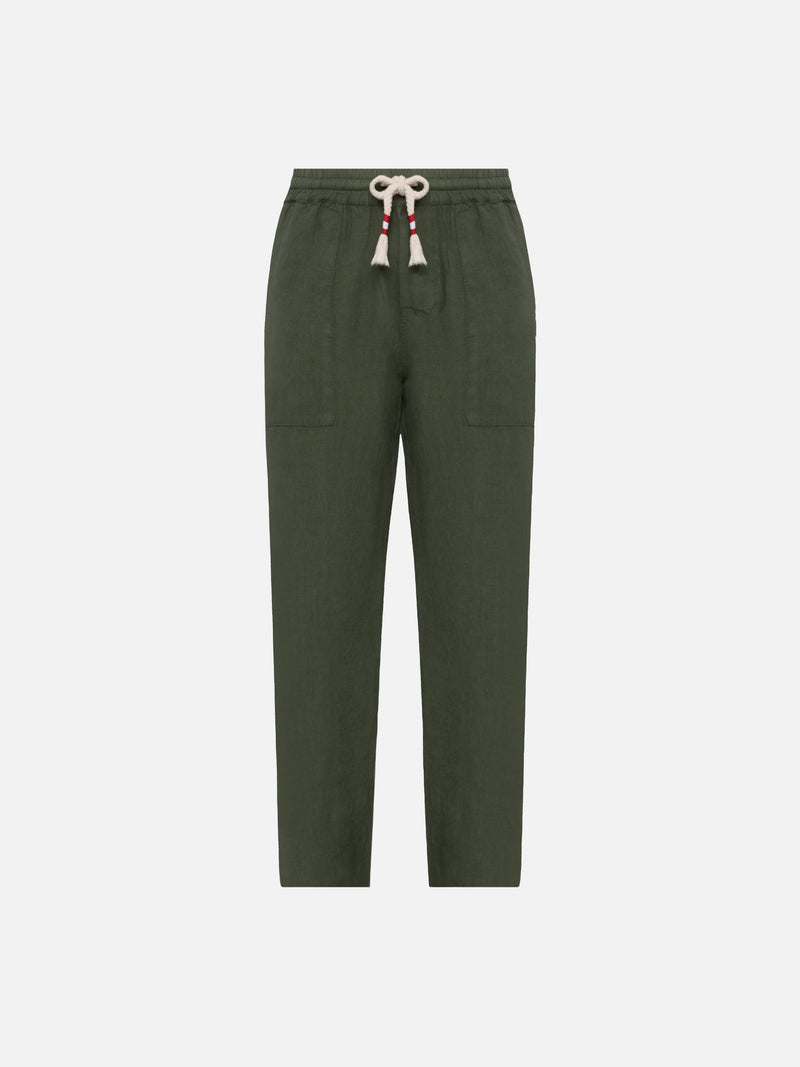 Pantaloni in lino verde militare Calais con coulisse