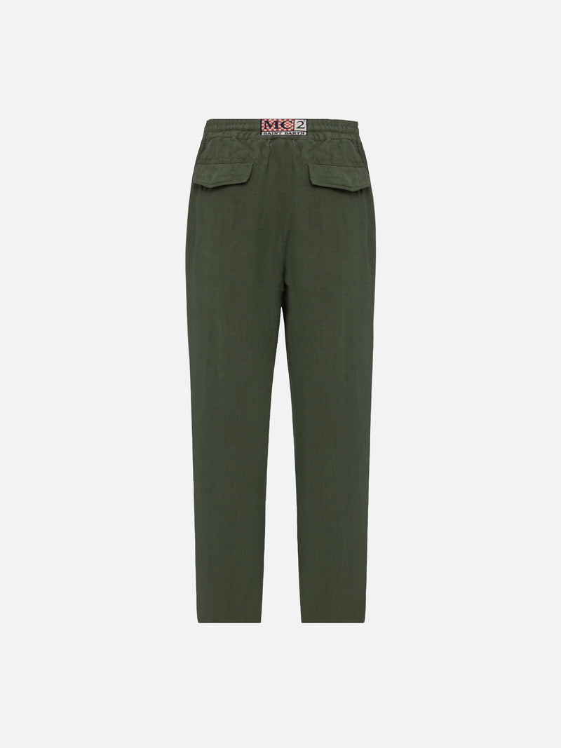 Pantaloni in lino verde militare Calais con coulisse