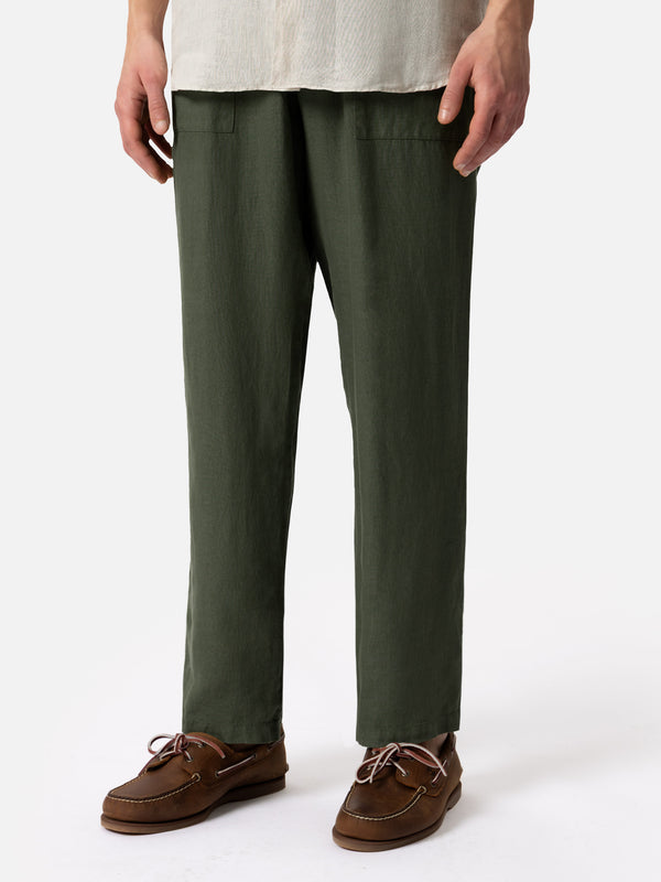 Military green linen pants Calais with drawstring