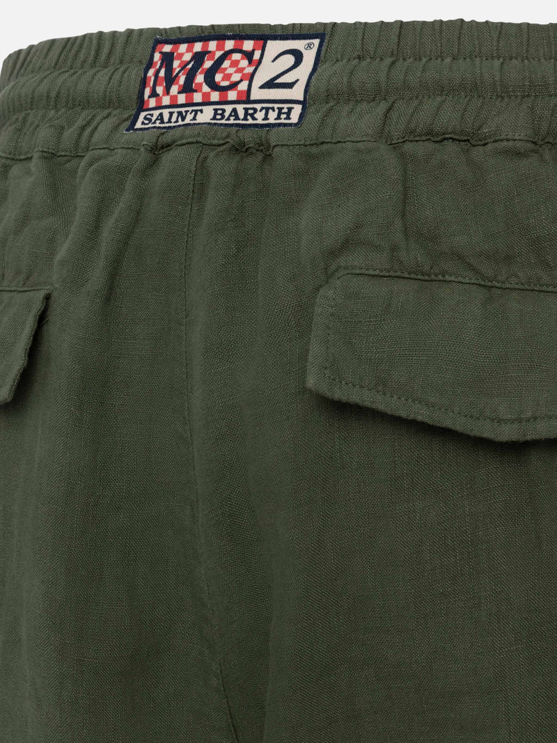 Pantaloni in lino verde militare Calais con coulisse