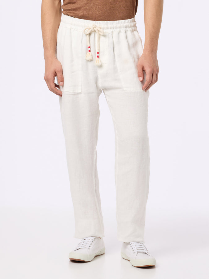 Mc2 Saint Barth Pantalone Calais da uomo in lino bianco con coulisse