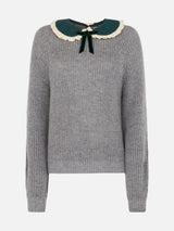 Woman grey ribbed sweater Calia with velvet collar and bow