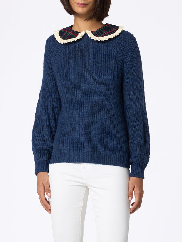 Woman navy blue ribbed sweater Calia with tartan collar and bow