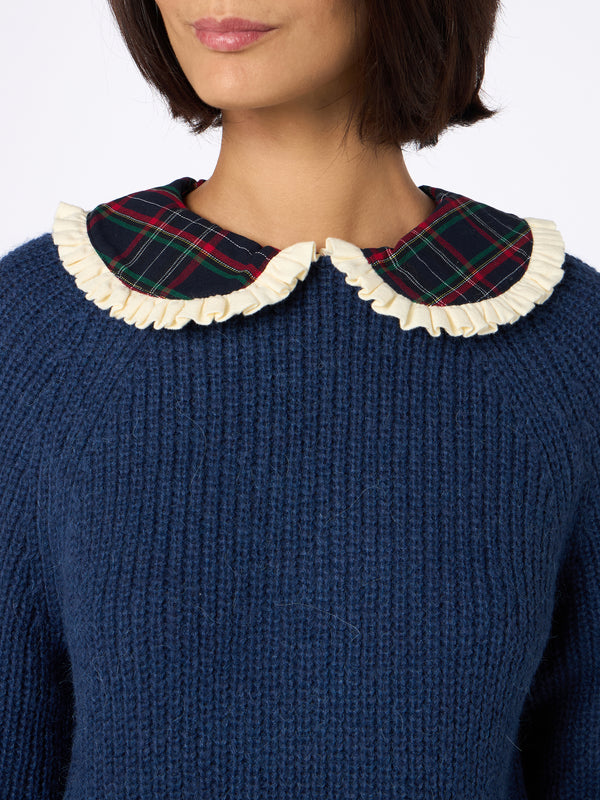 Woman navy blue ribbed sweater Calia with tartan collar and bow