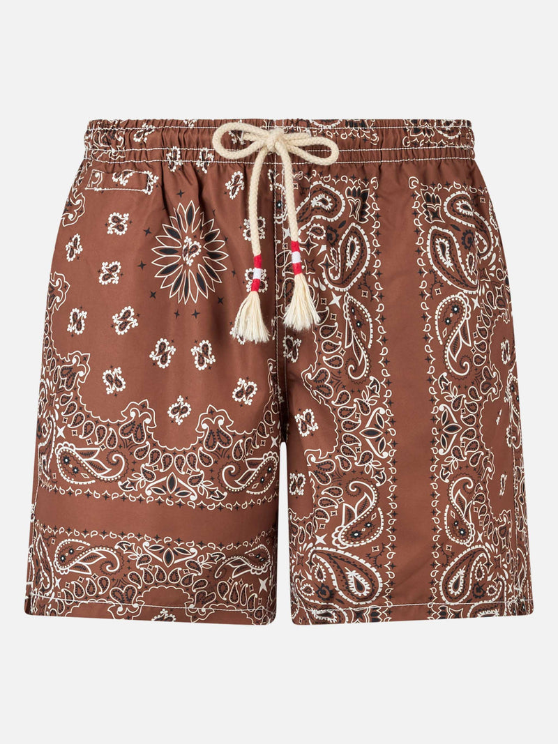 Man swim shorts with brown bandanna print